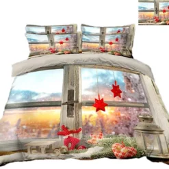 3D Christmas Window Doll 75 Bed Pillowcases Quilt Cover Set Bedding Set Pillowcases Duvet Cover KING