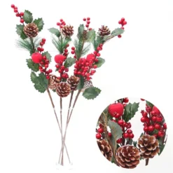 4x 61cm Christmas Red Berry Branch Pine Cones Dewy Apple Holly Artificial Flower