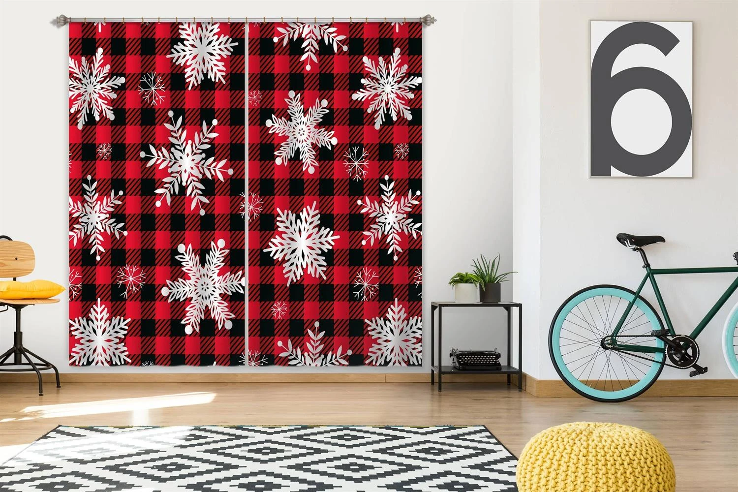 3D Snowflake Black Red Plaid 52085 Christmas Blockout Photo Curtain Printing Curtains Drapes Fabric 5 3D Snowflake Black Red Plaid 52085 Christmas Blockout Photo Curtain Printing Curtains Drapes Fabric - Image 3