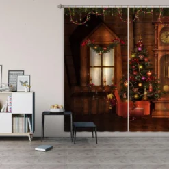 3D Wooden House Clock Tree 52002 Christmas Blockout Photo Curtain Printing Curtains Drapes Fabric Wi