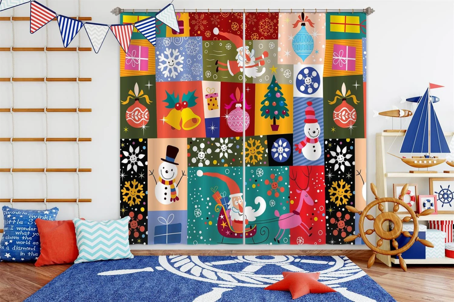 3D Colored Square Santa Tree 52007 Christmas Blockout Photo Curtain Printing Curtains Drapes Fabric 5 3D Colored Square Santa Tree 52007 Christmas Blockout Photo Curtain Printing Curtains Drapes Fabric - Image 3