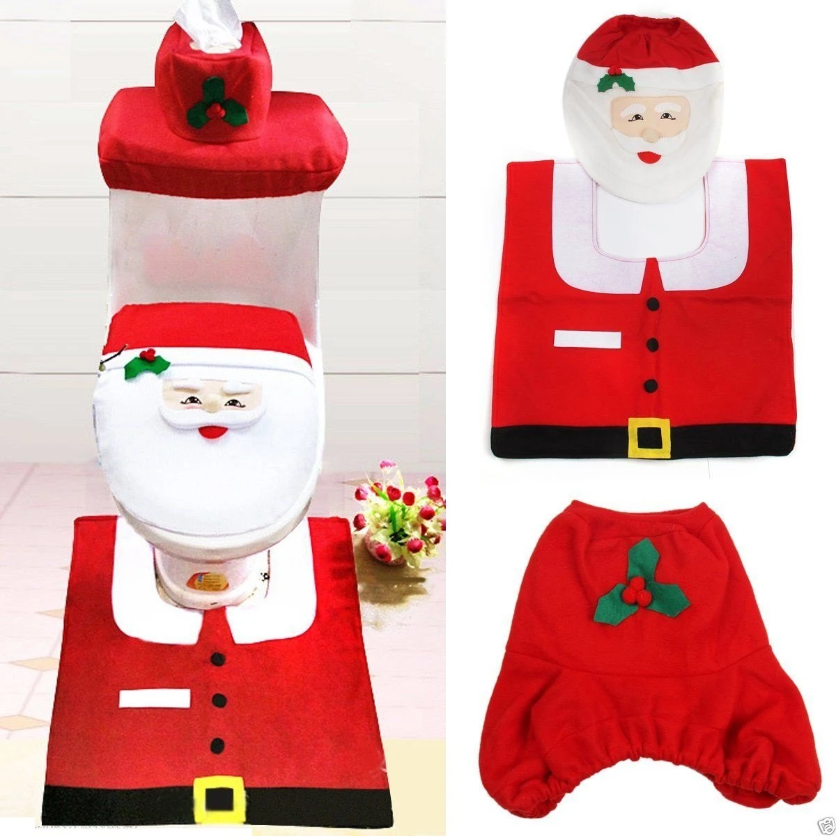 4PCS Christmas Decorations Happy Santa Toilet Seat Cover And Rug Bathroom 3 4PCS Christmas Decorations Happy Santa Toilet Seat Cover And Rug Bathroom