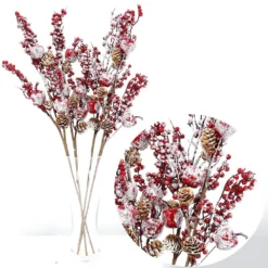4x 58cm Christmas Artificial Flowers Snow Glitter Branch Apple Berry Pine Cones