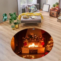 3D Fireplace 54088 Christmas Round Non Slip Rug Mat Room Mat Quality Elegant Photo Carpet Xmas